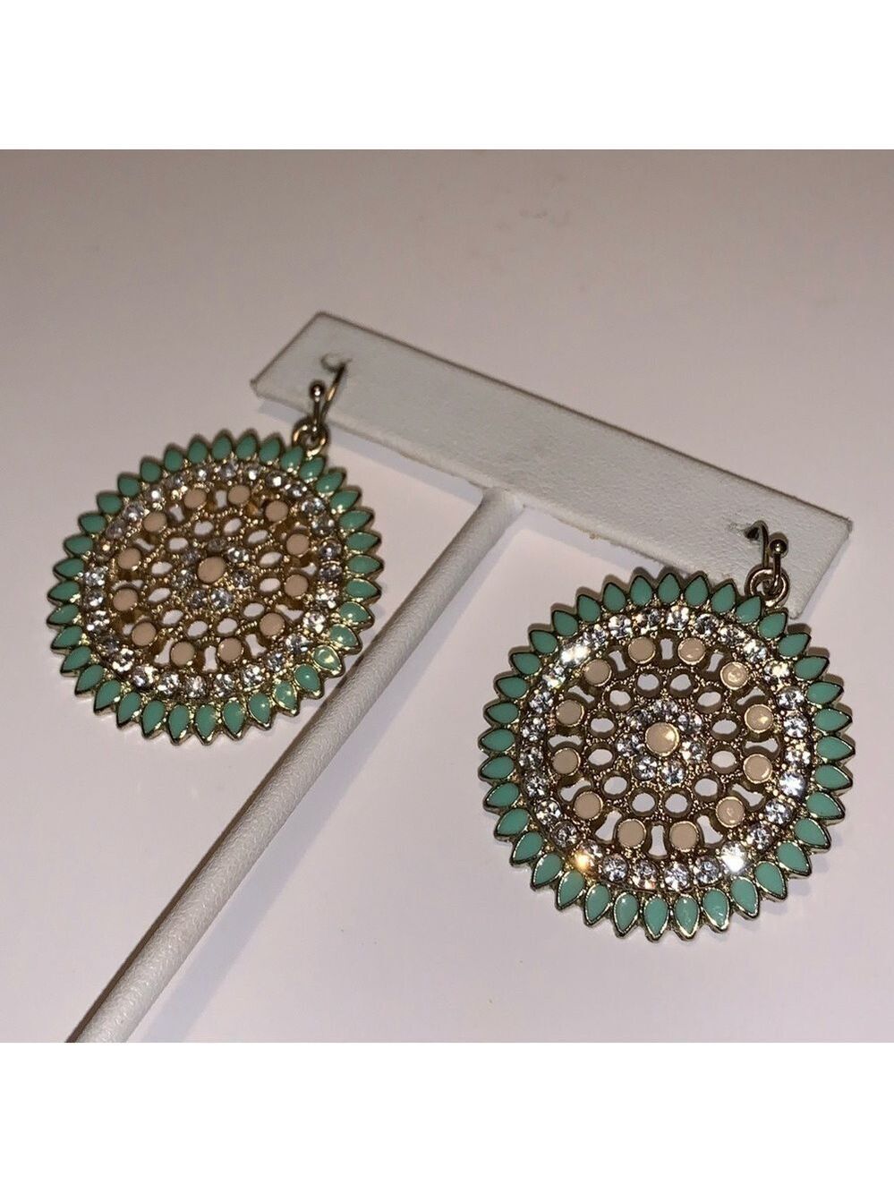 Round Dangle Earrings Enamel Rhinestone Neutral